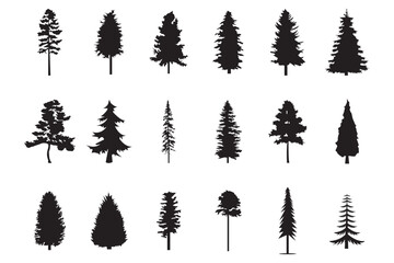 Fototapeta premium Silhouettes of various evergreen trees in a forest . A collection of tree silhouettes in various shapes and sizes . pine tree silhouette set .