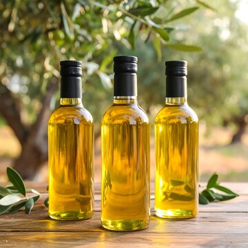Three bottles of golden oil sit on a wooden table, with olive branches and trees in the background