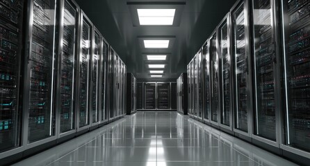 Server rack hallway in a dark data center