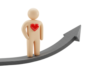 Isolated human figure with heart standing on rising gray arrow for business success