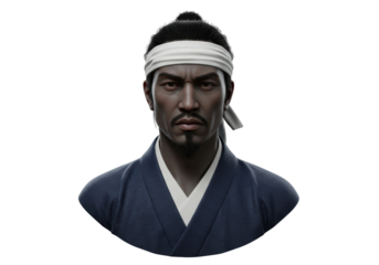Isolated Samurai warrior with headband and traditional clothing, dark skin tone and facial hair