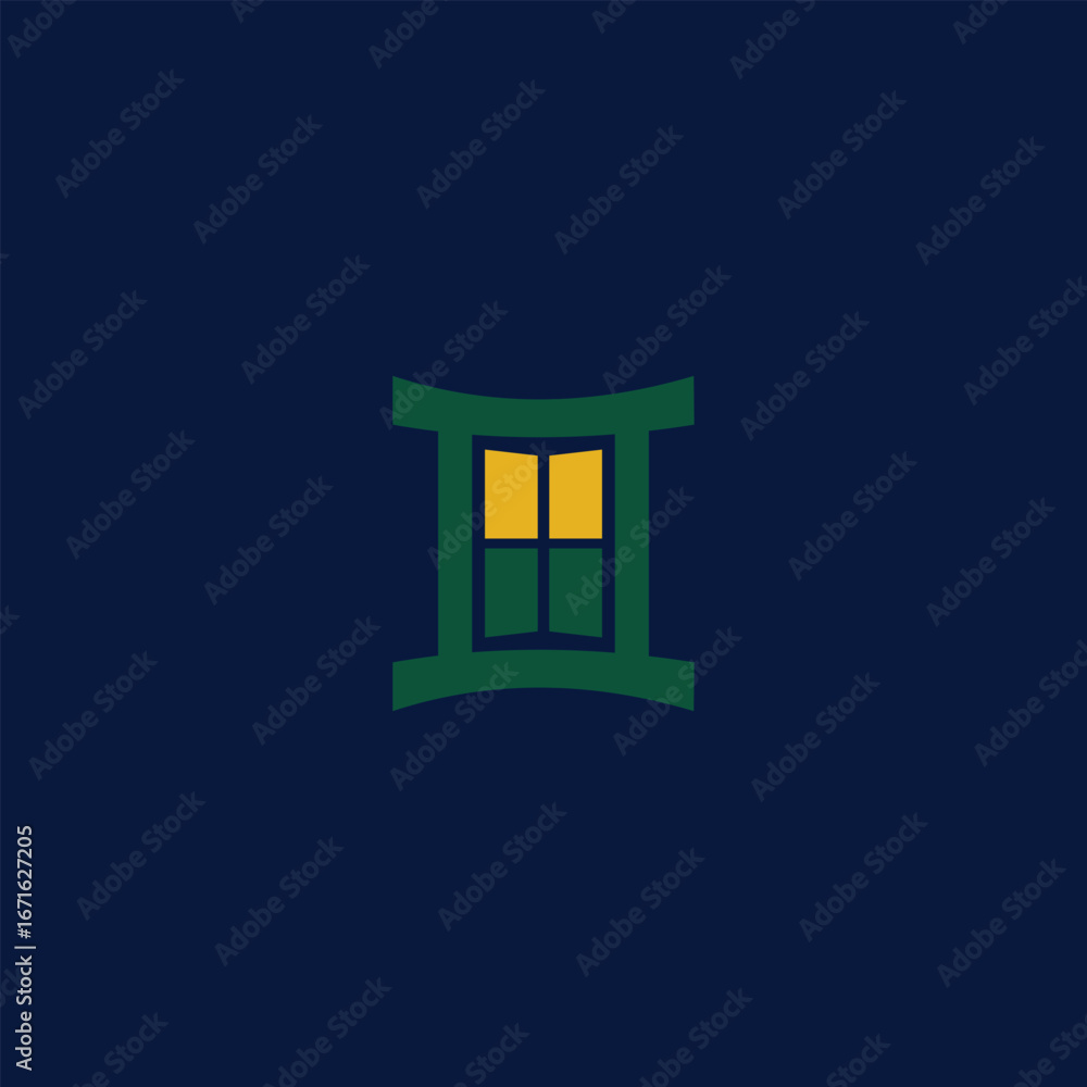 Poster minimalist vector logo of a window with a glowing light effect, framed by simple geometric lines. su