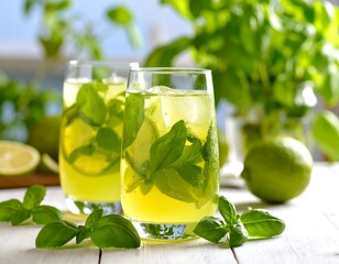 Two glasses of iced lime and basil beverage garnished with fresh basil and lime wedges, on a white wooden table with additional basil and limes