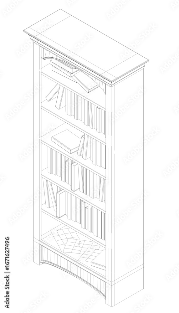 Aufkleber old wooden bookshelf wireframe sketch with four shelves holding neatly arranged books of various siz