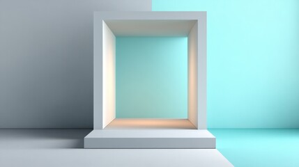 Minimalist display space with soft lighting and geometric color blocks in a modern setting