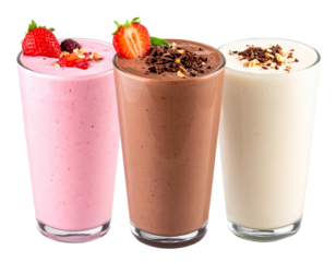 Set of Realistic Protein Shake Glasses with Different Flavors, Isolated