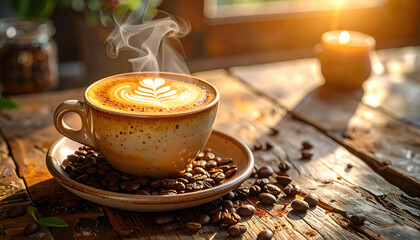 Delicious Cappuccino with a Steam and Beautiful Latte Art in a Cafe Setting