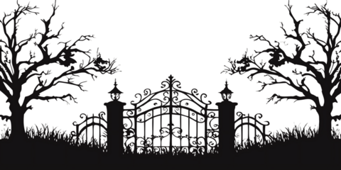 Silhouette of ornate graveyard gate and dead trees isolated on a transparent background