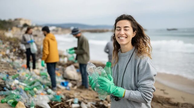 Beach Cleanup Volunteers: A group of dedicated volunteers, fueled by passion, unite on the beach, collecting scattered plastic bottles with determination and smiling.