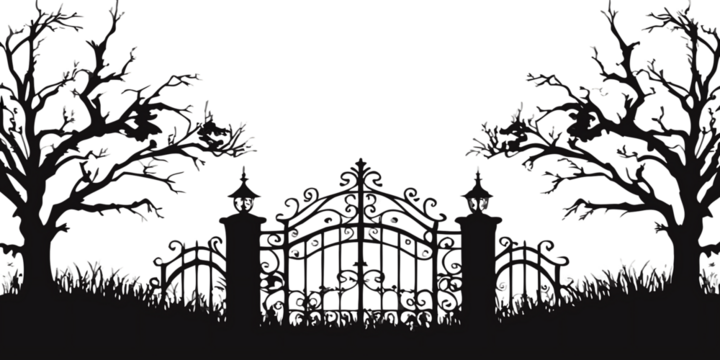 Silhouette of ornate graveyard gate and dead trees isolated on a transparent background