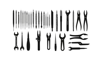 Collection of various tools and instruments depicted as a silhouette isolated on white background