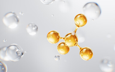 Biological golden molecule with cosmetics background, 3d rendering.