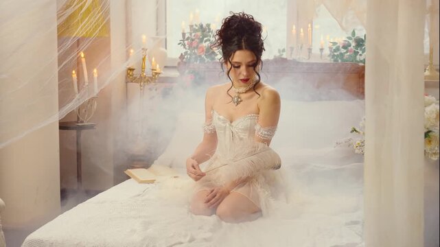 Glamour sexy girl princess sitting on bed beauty face. lady hand holding ostrich feather stroking body skin. Fantasy woman queen, white room Victorian old style Baroque era vintage clothes dress, 4k