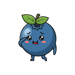 Cute Blueberry Cartoon Character with Smiling Face and Green Leaf