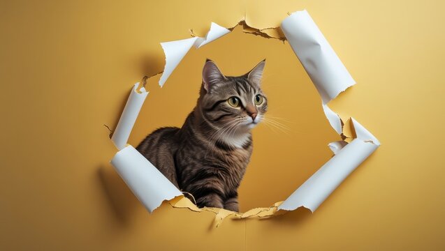 A tabby cat sits attentively in a hole punched through a mustard-yellow wall, revealing its curious gaze.