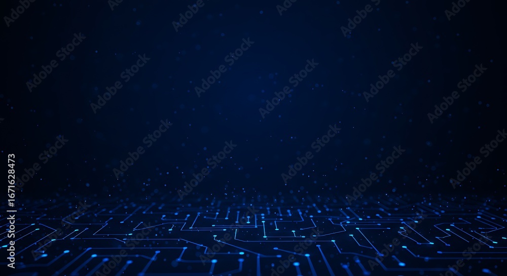 Poster abstract digital circuit board pattern with glowing lines and dots, dark blue background.