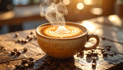Morning Sunlight Shines on a Coffee Mug with Foam Art and Coffee Beans