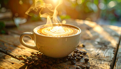 A Steaming Hot Cup of Latte Art Coffee on a Rustic Wooden Table at Sunrise