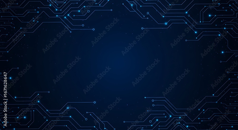 Poster abstract dark blue background with circuit board pattern and glowing dots, creating a technological 