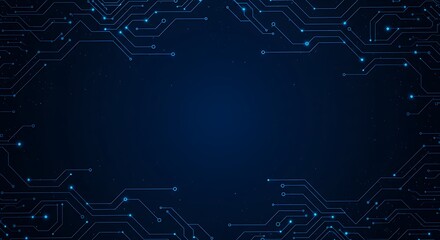 Abstract dark blue background with circuit board pattern and glowing dots, creating a technological frame.