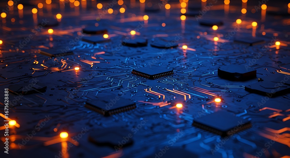 Poster abstract digital illustration showcasing computer processors and glowing light elements, futuristic 