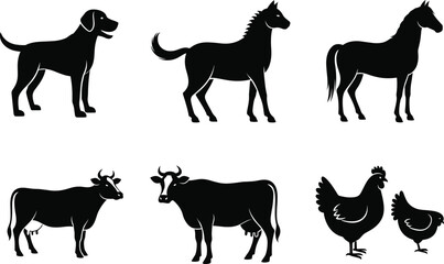 Animal farm silhouette vector collection featuring dog, horse, cow, and chicken illustrations perfect for livestock, agriculture, farming, rural, and countryside design projects