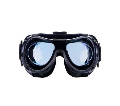 black diving goggles with clear lenses isolated on transparent background for underwater swimming and scuba diving concept