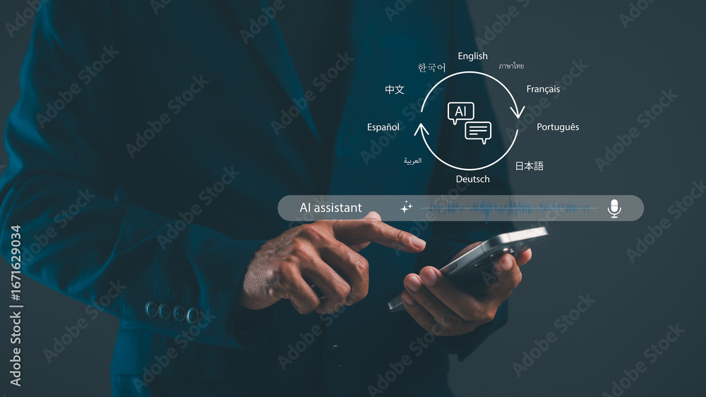 Aufkleber a person using a smartphone interacts with an ai assistant, showcasing multilingual options and voic