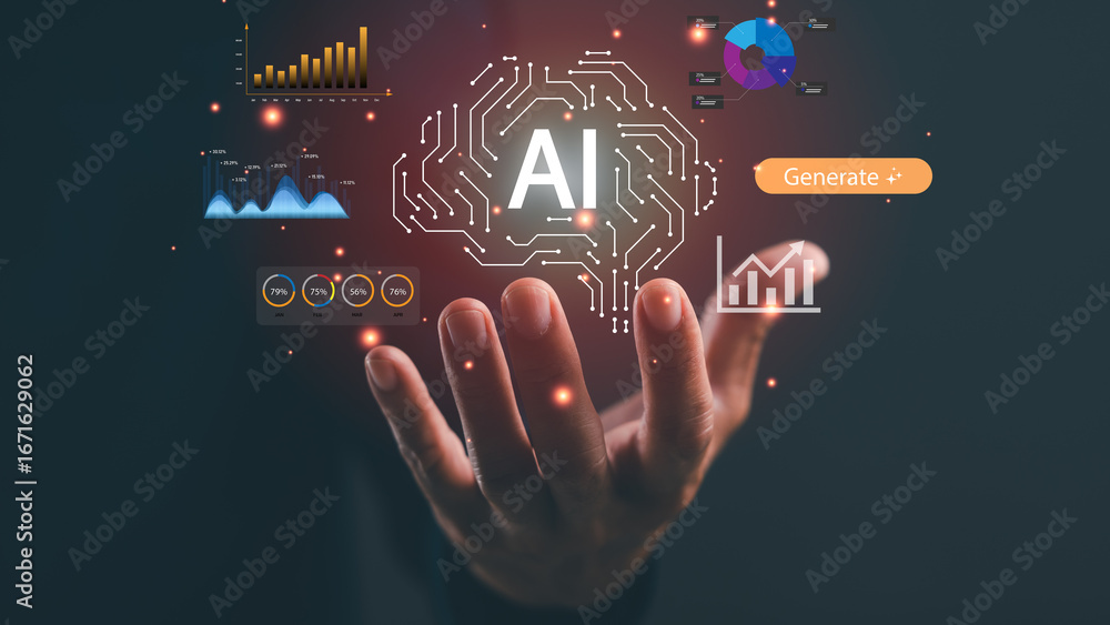 Poster a hand reaches out towards digital symbols representing ai, data analytics, and generation, showcasi