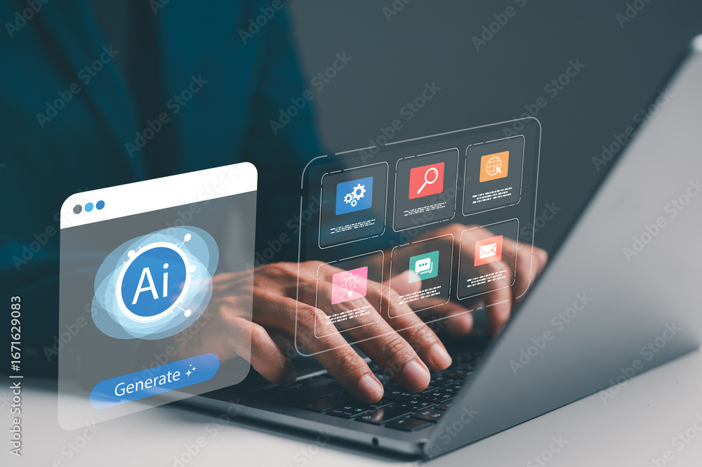 Poster a person interacts with a laptop displaying digital ai tools, highlighting the integration of techno