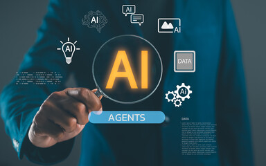 A person holding a magnifying glass over the letters 