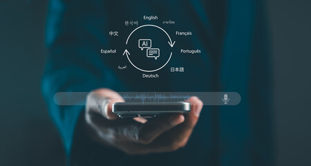 A person holds a smartphone displaying language options and AI integration, emphasizing multilingual communication and technology.