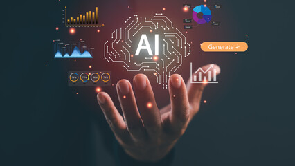 A hand reaches out towards digital symbols representing AI, data analytics, and generation,...
