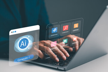 A person interacts with a laptop displaying digital AI tools, highlighting the integration of technology in everyday tasks.