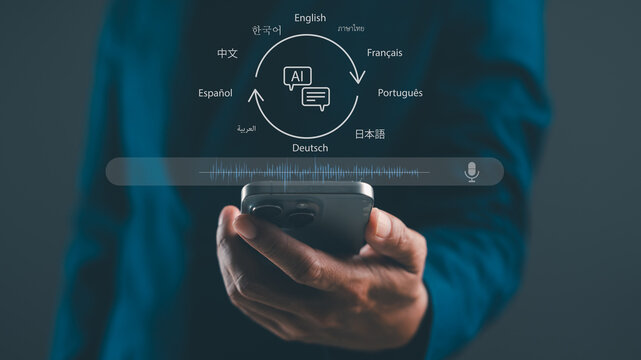 A person holds a smartphone displaying AI-based language translation options, highlighting multilingual communication and technology integration.