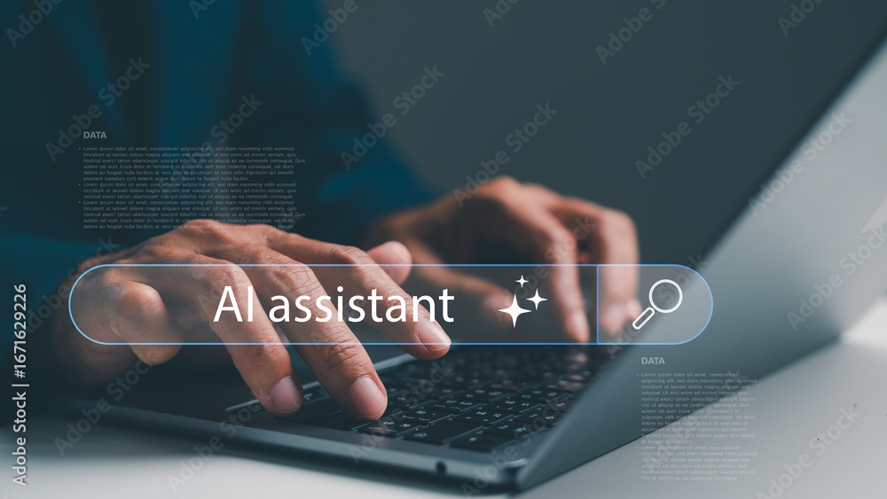 Aufkleber a person types on a laptop, engaging with an ai assistant feature, highlighting the interaction betw