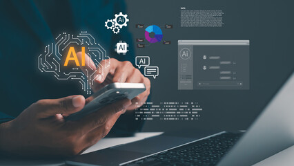 A person interacts with a smartphone displaying AI-related graphics and data, highlighting technology's role in digital communication and analytics.
