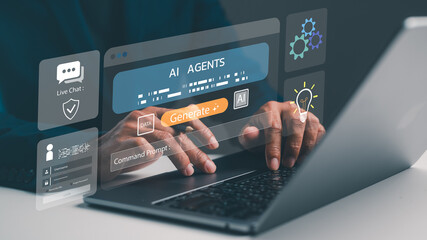 A user interacts with a laptop displaying AI tools and a command prompt, emphasizing technology and digital communication.