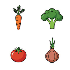 Vegetables Displayed on White Background, Carrot, Broccoli, Tomato, Onion