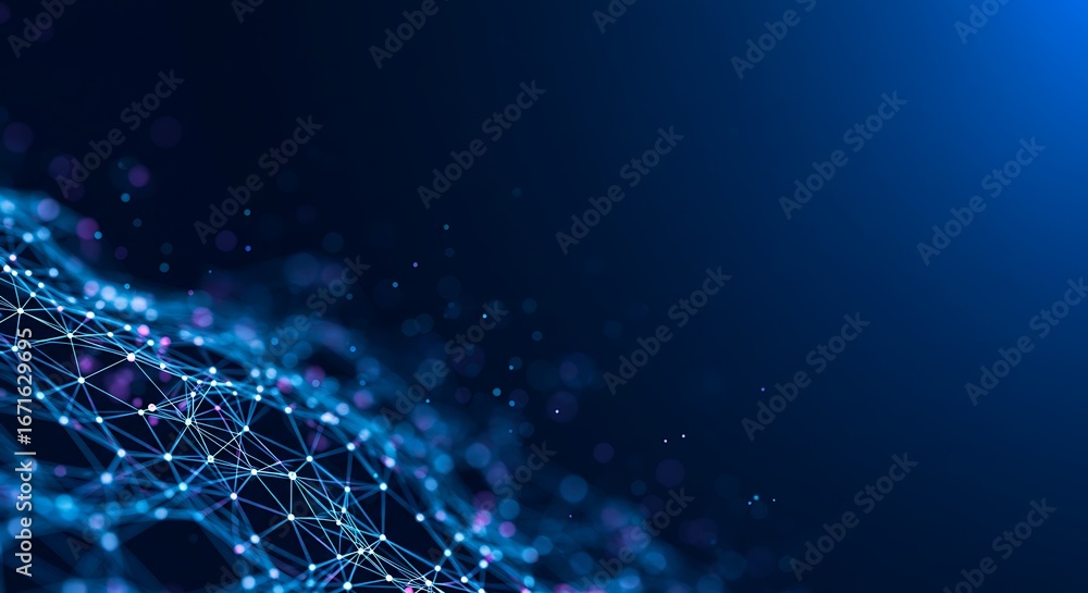 Poster abstract digital network of interconnected nodes and lines, glowing on a dark blue background.