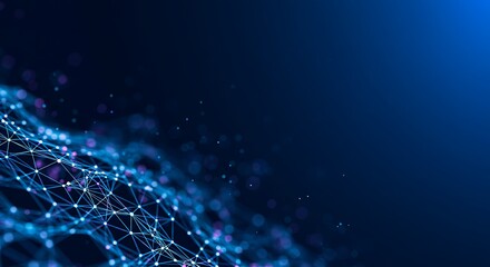Abstract digital network of interconnected nodes and lines, glowing on a dark blue background.