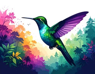 Vibrant hummingbird in flight, colorful rainforest backdrop