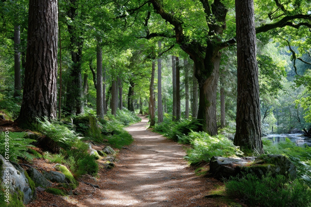 Poster sundappled forest path winding through lush ferns and trees by a stream