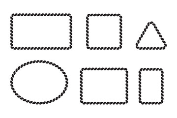 Braided rope frames. Collection of borders in the shape of square, circle and oval. Vector pack of thin and thick elements isolated on a white background. Silhouette rope frames. 