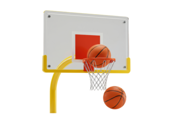 Isolated outdoor basketball hoop with orange balls, net, and transparent backboard on a sunny day