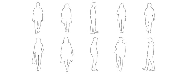 Architectural Drawings Hand drawn outline collection of people walking, standing, and interacting,  vector illustration, human person Minimal style