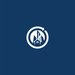Vector logo design featuring a circular arrow encircling high-rise buildings and a house, symbolizing real estate, construction, property development, and sustainable urban growth.