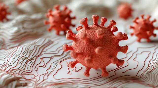 Close-up of coronavirus model on topographical map showing spread patterns. hMPV, Human metapneumovirus