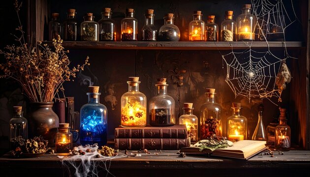 An antique apothecary shelf filled with magical bottles, candles, and dried plants, creating a mystical atmosphere. - Powered by Adobe