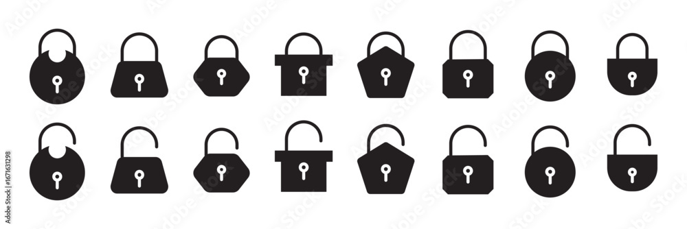 Aufkleber lock and unlock icon set in circle and stroke style in black and white color in modern style. lock i